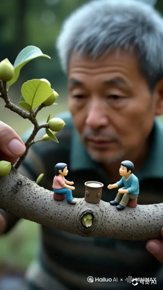 画面中，树枝上的两个小人交谈盛欢，小人动作逼真，表情真实，旁边的大人淡然的看着这两个小人，展现出一种上帝视角看着小人国的感觉。[左移,上升] by Hailuo AI Video Generator