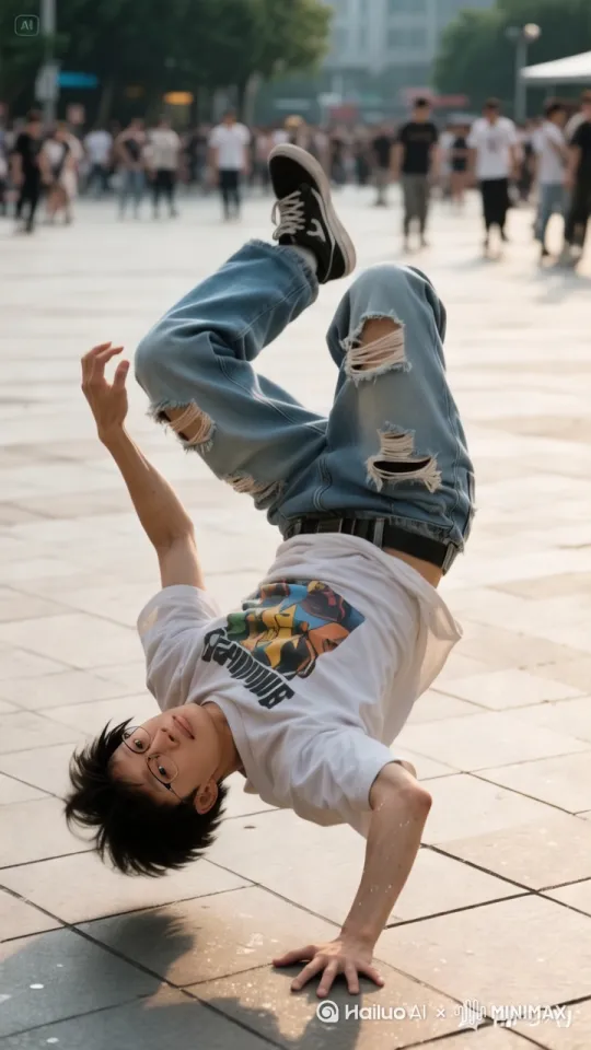 "一位潮流少年正在城市广场表演街舞，以头朝下的地面旋转动作展现高难度技巧。他身穿宽松的印花T恤和破洞牛仔裤，旋转时T恤自然扬起，破洞处布料轻微变形。超广角镜头低角度捕捉，突出肢体张力与肌肉线条，动态模糊效果强化旋转速度感。广场地砖纹理清晰可见，远处模糊人群营造空间层次感。自然光线照射下，皮肤汗珠泛着细微反光，运动相机视角增强临场真实感，8K分辨率呈现每一根发丝和布料纤维细节，整体画面充满街头文化的活力与动感。" by Hailuo AI Video Generator