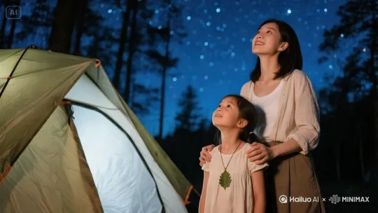[左移,跟随]夜晚森林，母女在帐篷外仰望星空。[左移,推进,右摇] by Hailuo AI Video Generator