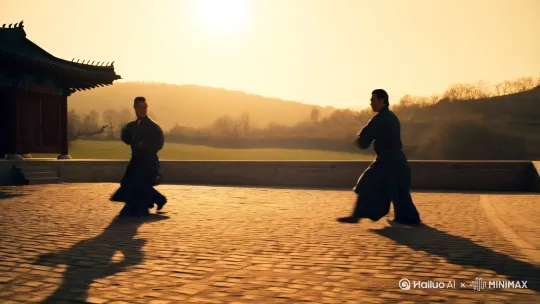 两个武术高手在切磋武术 by Hailuo AI Video Generator
