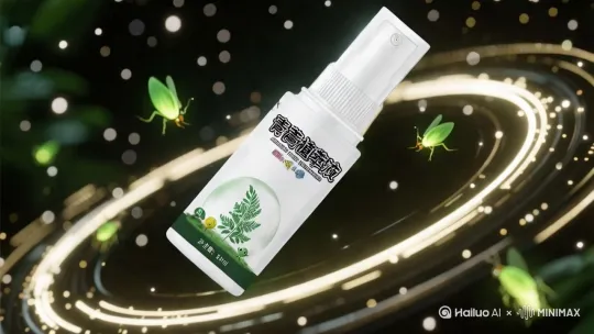 产品缓缓移动，瓶身细节特写，旁边环绕萤火虫在飞。[左移,跟随] by Hailuo AI Video Generator