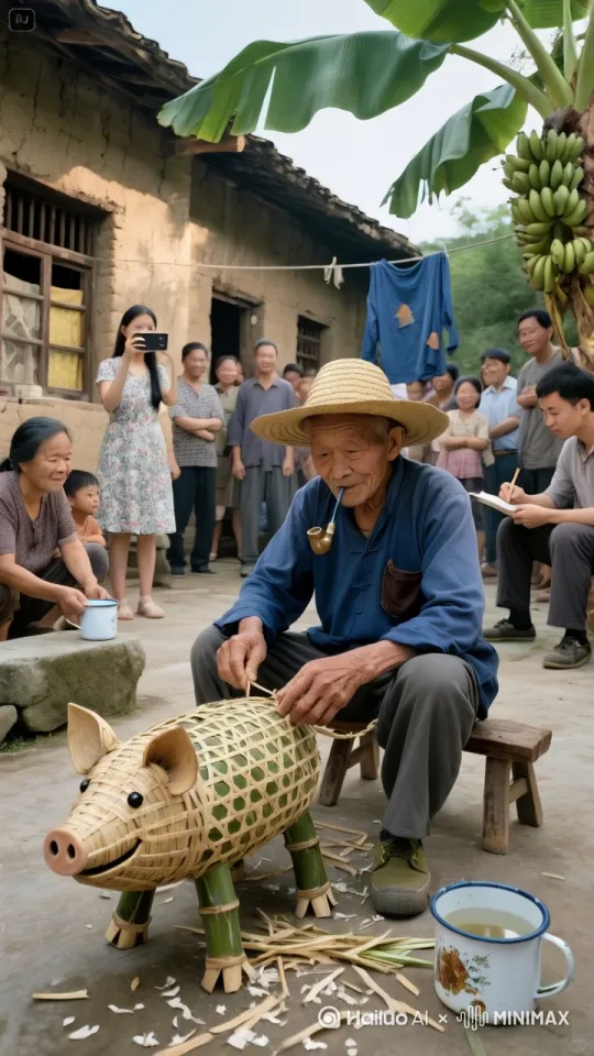 镜头移动，动态跟随。老爷爷牵着手里的竹编小猪，眼睛瞬间突然转动，头扭向镜头，挣脱了大爷的手活过来了，四肢也动起来，大步的往前走，旁边的人都拍手叫好 by Hailuo AI Video Generator