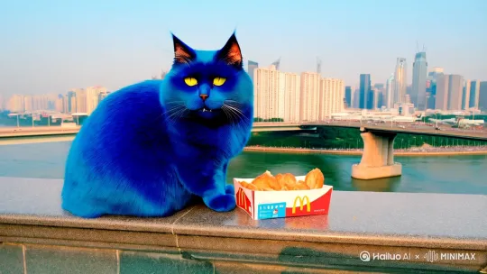 一只蓝色胖猫坐在重庆大桥的护栏上吃麦当劳 by Hailuo AI Video Generator