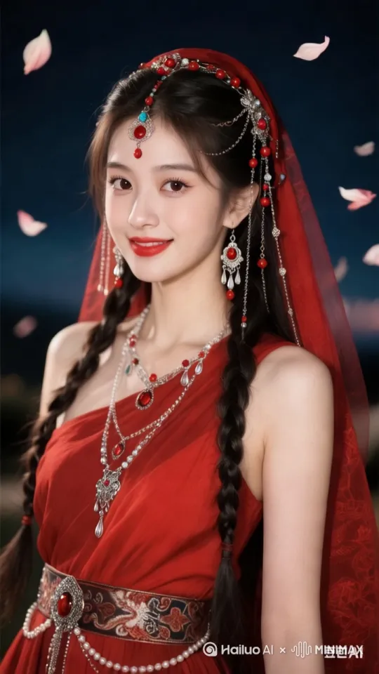 女子跳起民族舞蹈，身后的花瓣不断飘落，面部五官，手脚不变形，不失真，动作速度正常。[左移,右摇,跟随] by Hailuo AI Video Generator