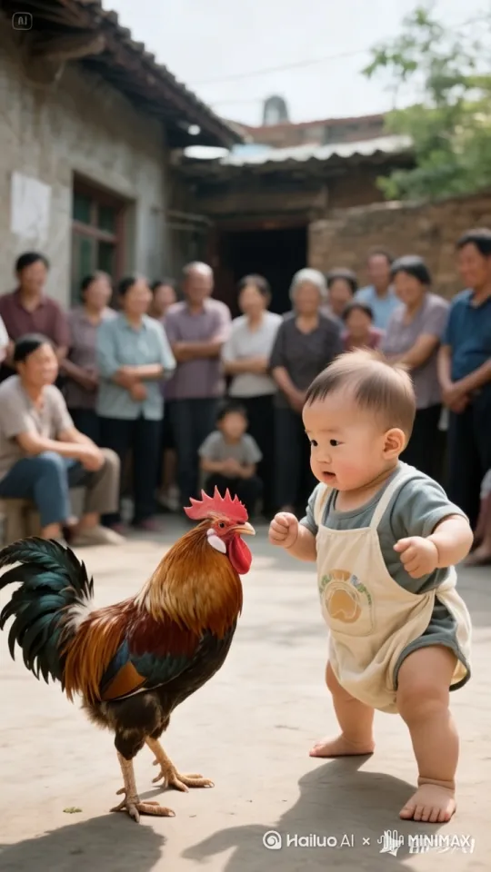 看热闹的人在拍手叫好，风吹树叶摇动。史诗般的暴力打斗场面，镜头跟随，小孩和公鸡翻着跟头的拳打脚踢。电影级，拳打脚踢动作非常快速，打出幻影。 by Hailuo AI Video Generator