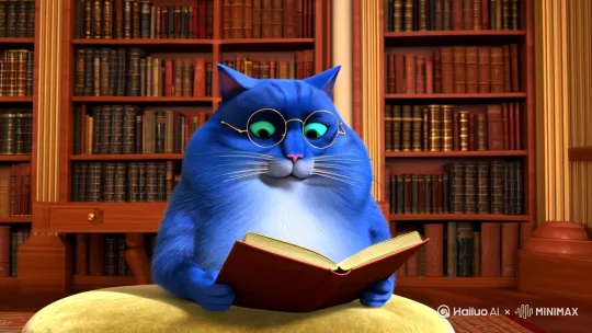 蓝色的小胖猫戴着眼睛看英语书 by Hailuo AI Video Generator