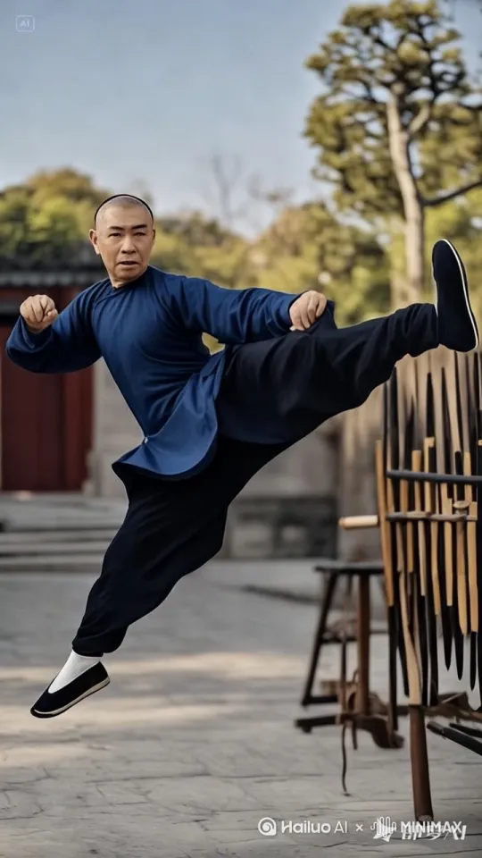 跨弓步打出长拳。踢腿转身打长拳。飞腿跨步踢腿。转身打出长拳。出拳干劲有力。右环移。高清电影效果 by Hailuo AI Video Generator