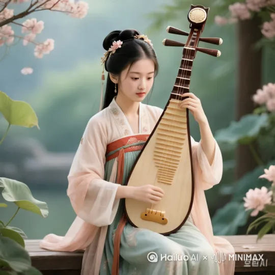 生成主体双手在弹琴的自然动作，旁边的花草在动，发丝衣摆发钗在随风飘动着 by Hailuo AI Video Generator