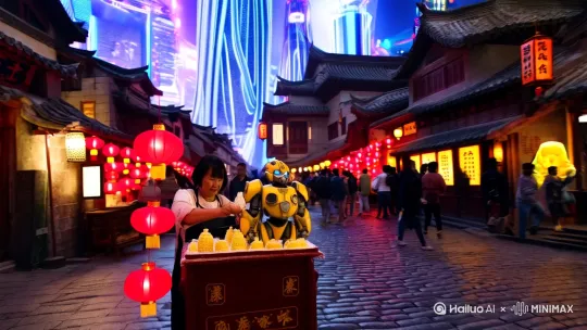 用变形金刚大黄蜂做糖人，非遗传统收益人，在古镇街道摆摊，背景是赛博朋克的的城市高楼背景 by Hailuo AI Video Generator