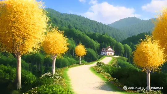 这幅动漫风景图的主题是宁静的乡村生活。画面中展现了一条蜿蜒的小路通向一座小屋，周围是茂密的森林和金黄色的树木，整体色调明亮，给人一种平和、安逸的感觉。这种场景常见于表现自然美景和远离喧嚣的田园生活，强调了人与自然的和谐共处。
[右摇,变焦推进] by Hailuo AI Video Generator