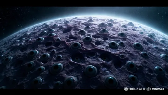 帮我生成一张图片：一颗巨大的视网膜肉体行星，行星表面都是视网膜覆盖[左摇,变焦推进]，，视网膜神经末梢密密麻麻的布满整个星球，在宇宙深处流浪。比例 16:9[左移,右摇,跟随]。瞳孔收缩放大。充血，蠕动 by Hailuo AI Video Generator