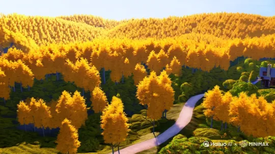 这幅动漫风景图的主题是宁静的乡村生活。画面中展现了一条蜿蜒的小路通向一座小屋，周围是茂密的森林和金黄色的树木，整体色调明亮，给人一种平和、安逸的感觉。这种场景常见于表现自然美景和远离喧嚣的田园生活，强调了人与自然的和谐共处。
[右摇,变焦推进][推进,上升] by Hailuo AI Video Generator
