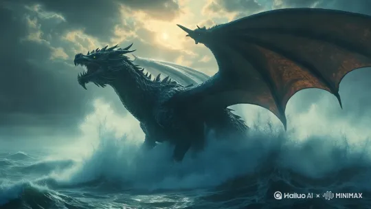 巨龙从海中升起的特写镜头，震撼视觉特效，电影级画面 by Hailuo AI Video Generator