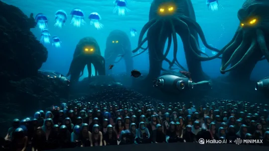Deep sea fashion show at 10,000 meters depth, Mariana Trench environment, bioluminescent jellyfish lighting, giant Cthulhu statues in background with glowing eyes, audience of futuristic diving pods with helmeted spectators, enormous deep-sea creatures (giant squids, anglerfish, etc.) observing from darkness, heavy water pressure distortion effects, particles floating in dark blue water."
`octopus tentacle hair with 8 AI-powered prosthetic arms, wrestling with small deep-sea octopuses` by Hailuo AI Video Generator