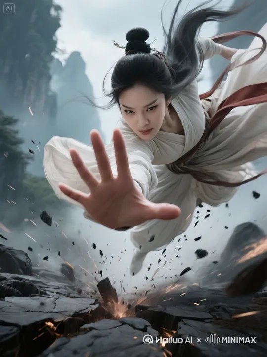 美女从很远处飞过来，伸手凌空一掌打过来，石碎纷飞，头发衣带猛飘，画面微震 by Hailuo AI Video Generator