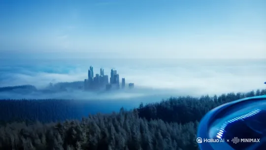 根据"Crossing Winds"风格的音乐视频，画面以梦幻般的电子合成器音色为灵感，展现一片广阔未来都市的天际线边缘地带。镜头从空中缓缓下降，穿越迷雾缭绕的森林，远处可以看到未来都市。随着节奏逐渐加快，镜头转向正在飞行的宇航飞船，宇航飞船充满科技感，在月光下的飞行。背景切换至未来都市的天际线，霓虹灯与星辉交织，营造出科技感十足的夜景。最后，镜头拉远，中远景结合，强调动态与空间感。 by Hailuo AI Video Generator