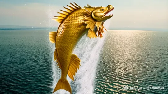 宽广的大地河流水中游动的大金龙鱼从水中飞跃冲出到空，水滴四溅，在空中逐步从头妙变成亚洲美女发型时尚衣裙精美大长腿皮鞋高跟，衣裙紧身苗条丰胸。飞落到大地慢步走来繁华风景尽现境头前高清高质电影质感 by Hailuo AI Video Generator
