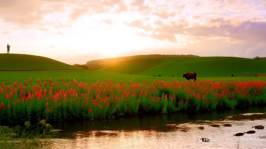 青山一排排呀，油菜花遍地开。骑着那牛儿慢慢走，夕阳头上戴。天上的云儿白呀。水里的鱼儿乖，牧笛吹到山那边，谁在把手拍？一分钟的视频 by Hailuo AI Video Generator