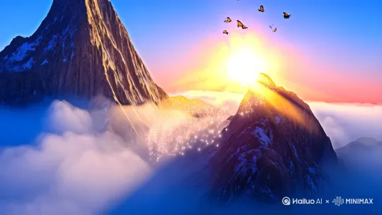 水墨云雾在山巅流动，粒子光效穿透云层形成日出效果
[5秒]森林秘境
- 动态粒子模拟晨光穿透树冠
- AI智能补帧实现蝴蝶3D环绕镜头
- 色彩算法增强青苔质感
 [5秒]海洋韵律
- 流体模拟技术生成海浪拍岸
- 实时渲染鲸鱼跃出海面水花
- 智能校色呈现多层次蓝调
[5秒]星空幻境
- 神经网络生成银河动态星轨
- 光污染消除算法强化星芒
- 流星轨迹AI预测补间
【技术亮点穿插】
[分屏对比]左侧传统拍摄/右侧AI增强
- 实时天气系统：阴雨秒变晴空
- 智能构图：自动生成航拍运镜
- 材质增强：岩石纹理深度学习优化
【技术参数】
时长：28-32秒弹性区间
画幅：21:9电影级
帧率：60fps智能补帧
分辨率：4K HDR渲染
风格迁移：莫奈油画算法+8K超采样 by Hailuo AI Video Generator