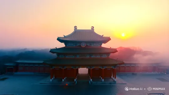 画面**: 
  - 镜头从高空缓缓下降，俯瞰一座宏伟的太庙建筑，晨曦微露，薄雾缭绕。
  - 镜头逐渐拉近，聚焦在太庙前的广场，地面铺设着整齐的青石板，庄严肃穆。 by Hailuo AI Video Generator