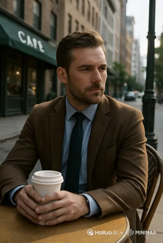A woman in a beige trench coat hands a folded note to a man at a café table. They look at each other and smile, surrounded by the soft morning light of a New York street. by Hailuo AI Video Generator