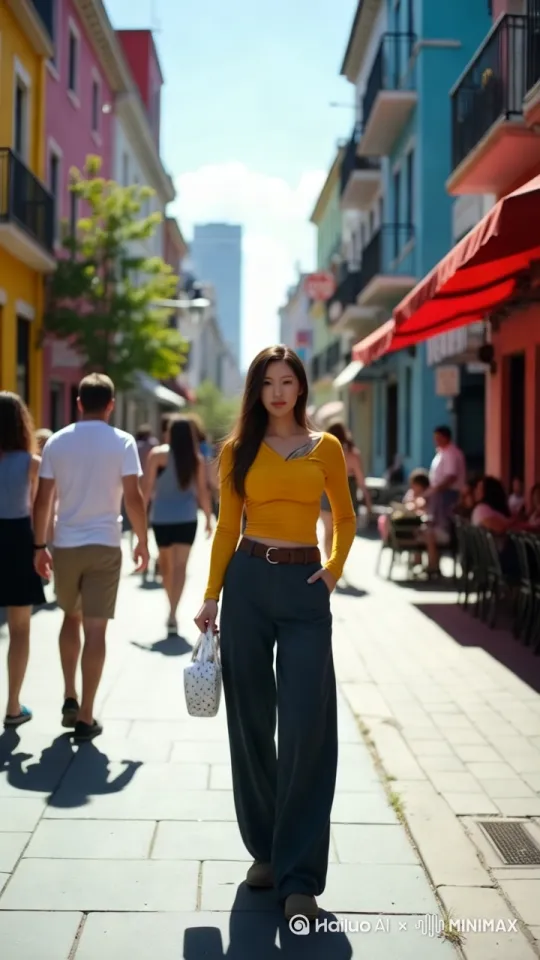 繁华都市街道，高挑身材的亚洲美女走在人行道上，精致妆容，自然日光照射在真实肤色质感上，背景有模糊的行人，35mm焦距街拍视角，柔和光影突出服装纹理细节，浅景深营造电影感画面，低饱和度胶片色调[左移,上升] by Hailuo AI Video Generator