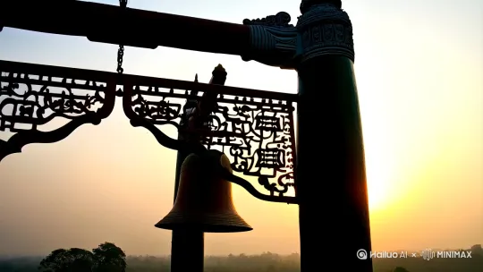 清晨阳光从下往上升起来，寺庙大钟剪影，[左移,推进,右摇]一位僧人练功，扎马步，双手合十上身裸露肌肉丰硕 by Hailuo AI Video Generator