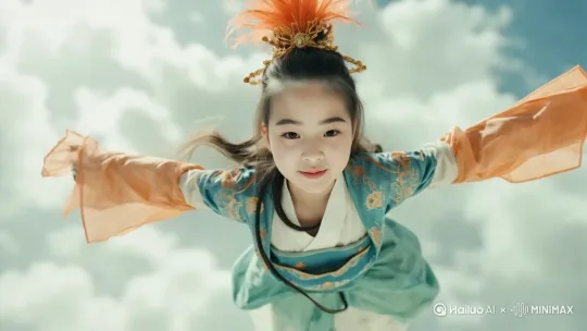 主题描述词：年轻女性在棉花糖质感云层中轻盈悬浮，长发随风飘动，穿着流动丝绸长裙，背景是渐变粉蓝色天空 美学词：柔和散射光线，浅色调色彩搭配，画面充满空气感 专业词：超广角镜头拍摄，使用体积光照技术，高细节3D渲染，景深虚化控制 by Hailuo AI Video Generator