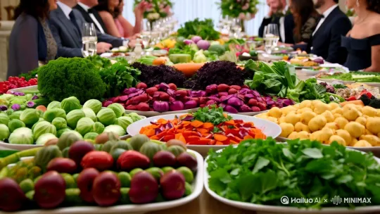 很多素食食材摆放长桌上，颜色鲜艳，[推进,上升]稍后做成素食菜品，气质儒雅的男人女人围坐在餐桌旁，谈笑风生，准备用餐 by Hailuo AI Video Generator