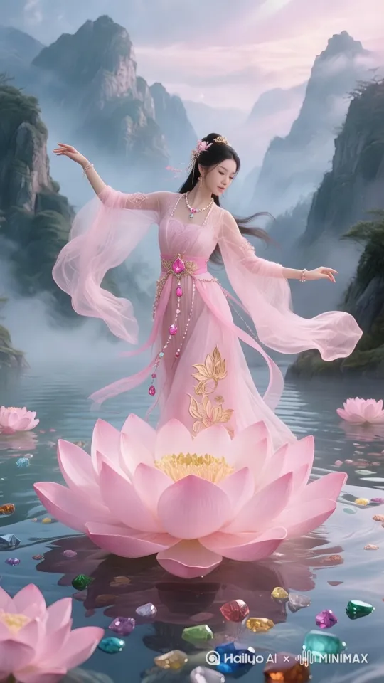图中美女在荷花池上空欢快地飞行，镜头跟随。动作自然丝滑。 by Hailuo AI Video Generator