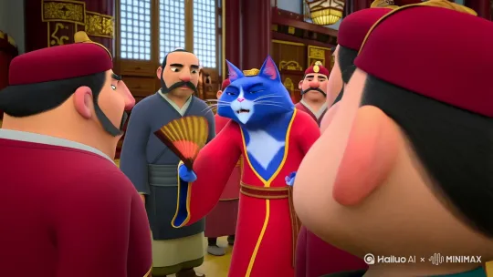 一个蓝色的猫，拿着一把扇子，穿着古代红色衣服，在那里与别的文官争论着[左移,推进,右摇] by Hailuo AI Video Generator