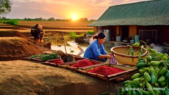 夕阳将晒谷场染成蜜色，竹匾里晾晒的辣椒碎如散落的朱砂。老牛驮着青草垛缓步踱过田埂，惊起沟渠中汲水的白鹭，翅尖掠过水面时抖落一串碎金。穿蓝布衫的农妇蹲在井台边浣衣，棒槌声惊动了竹筛里打盹的狸花猫，爪尖勾住垂落的丝瓜藤荡起秋千。炊烟在青瓦间流淌成河，铁皮铝桶碰撞的脆响混着雏鸭归笼的啁啾，汗渍在蓝布衫上绘出盐霜的地图，扁担吱呀应和着蝉鸣，把暮色一寸寸压进垄间新翻的潮湿泥土里。[左移,上升] by Hailuo AI Video Generator