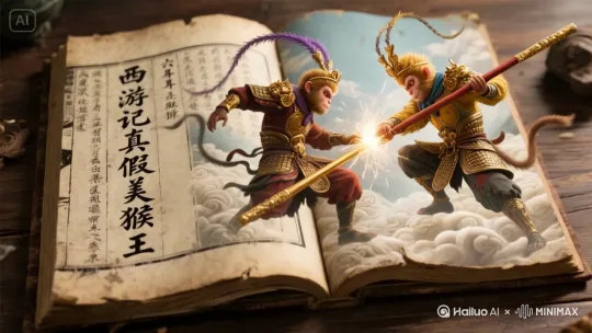 镜头后拉，低机位略带仰拍，环绕镜头两个猴子激烈打斗，金箍棒碰撞花火四溅 by Hailuo AI Video Generator