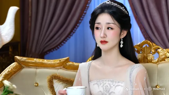 2 中景 公主优雅地坐在沙发上，眼神落在精美的咖啡壶上，随后伸出手，拿起镶满宝石的咖啡壶，慢慢倾斜，咖啡缓缓流入杯中，热气升腾。 6s 古典音乐，咖啡流淌声  by Hailuo AI Video Generator