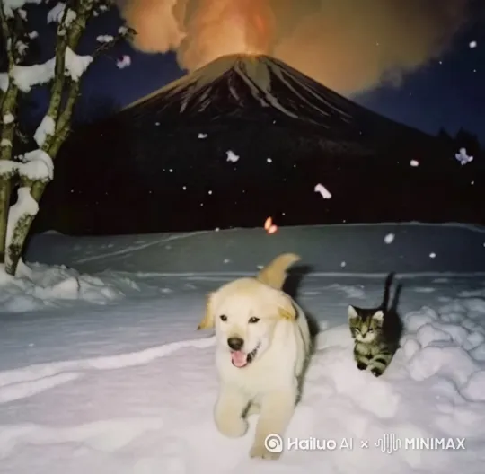 小猫小狗一起跑 雪花纷纷落下 最后的火山的气体一直在喷发 整体很安静 让人看起来很舒服 by Hailuo AI Video Generator