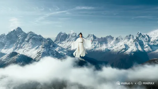 一名女性修仙者身穿白色宽大修仙服，从后向前由镜头右下角飞至镜头中央，下面是连绵的雪山，速度引起旁边的云卷云舒，面向镜头前飞驰 by Hailuo AI Video Generator