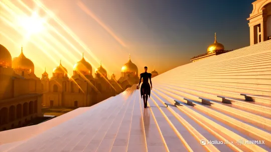 人物走在夕阳洒落的白色阶梯上，远处金色穹顶反射出一道道频率光。 by Hailuo AI Video Generator
