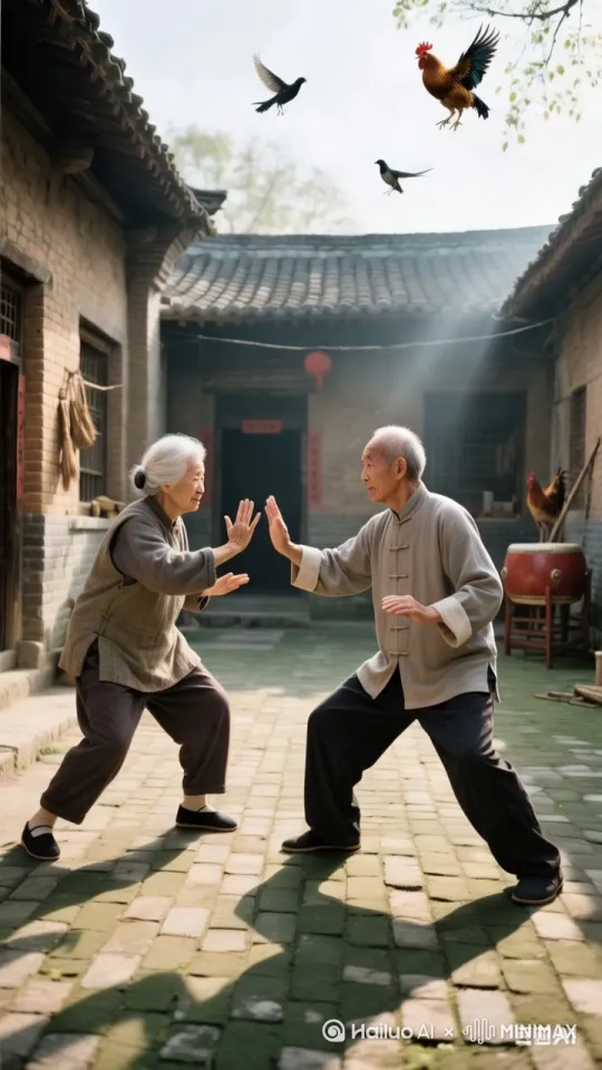 **场景**:中国农村大院,清晨,阳光洒在青砖地上,背景是传统砖瓦房。
**人物**:
- **老太太**:花白头发,精神矍铄,穿着传统农村服饰,动作灵活。
- **老大爷**:头发稀疏,眼神锐利,穿着中式对襟上衣,气质沉稳。
**动作**:
- 两人在院子里对峙,准备进行一场中国拳脚功夫的对决。
- 老太太扎马步,双手成掌,率先发动攻击,动作灵活。
- 老大爷用少林拳还击,老太太又用猴拳攻击老大爷,老大爷用连环腿踢向老太太。
- 两人你来我往,动作流畅,镜头切换展示关键对招。
- 最终,两人互相行礼,相视一笑,结束对决。 by Hailuo AI Video Generator