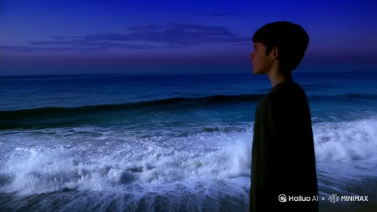 傍晚，蓝调时刻，海边海浪拍打，一位帅气男生在静静的观看 by Hailuo AI Video Generator