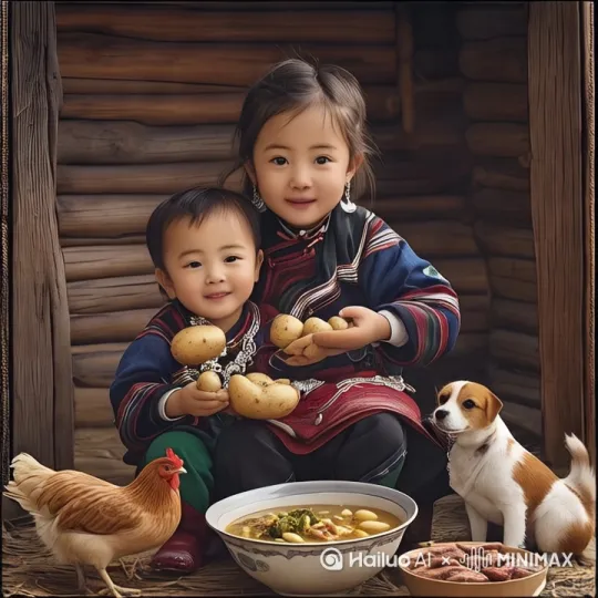 让图片中的两个孩子吃土豆很开心的样子 by Hailuo AI Video Generator