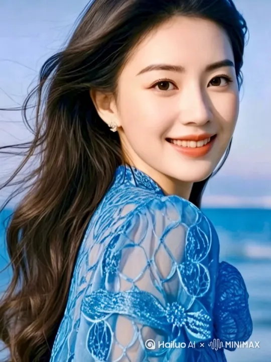 回头一笑倾城，露出迷人的笑容，衣服滑落露出蓝色飘花的胸罩，下身白色短裙，[左移,上升]腿美脚美，牛奶湿滑的皮肤，海水荡漾， by Hailuo AI Video Generator