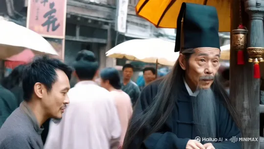 中景右移，在熙熙攘攘的街道上，镜头转到一个算命摊上，算命先生一边听眼前的书生讲解梦境一边眼神乱转打量他，想了一会儿神情猥琐的开口说着话，最后镜头拉近聚焦到一直说话的算命先生身上。 by Hailuo AI Video Generator