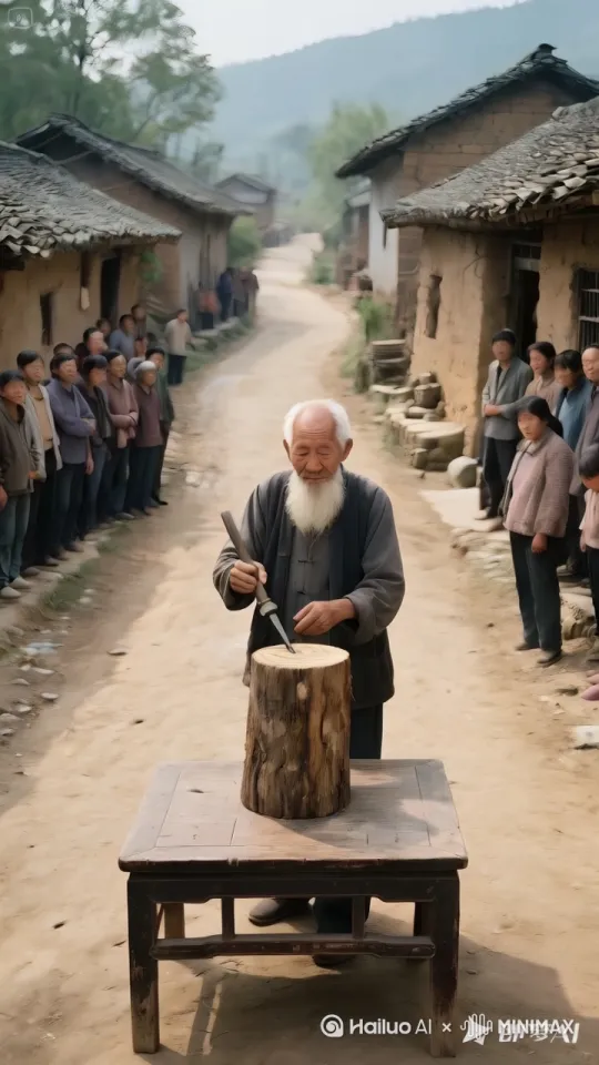 镜头移动，动态跟随。大爷凌空飞起翻身倒立并飞速、疯狂的旋转翻腾，瞬间将面前桌上的整段木桩雕刻成了木质公鸡面对镜头站立桌面，同时无数木屑四处飞溅洒落地面。观众拍掌观呼。 by Hailuo AI Video Generator