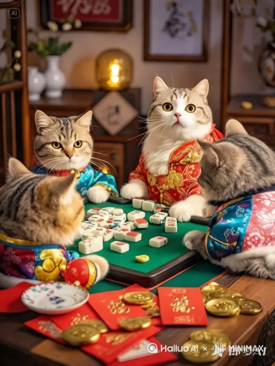 创作一部生动的3D动画视频，视频中有四只猫咪，它们身着中国传统节日服饰，比如旗袍和唐装，颜色丰富，有红色、蓝色和粉色，并饰有金色花纹。它们围坐在一张绿色绒面的麻将桌旁，桌上散落着麻将牌，周围还有红包和金元宝，营造出浓郁的中国新年氛围。背景是一间灯光温暖的中式房间，挂有书法卷轴，摆放着插有梅花的花瓶和散发着柔光的灯笼。猫咪们打麻将时动作活泼自然。运用人工智能口型同步技术，让猫咪们的嘴型与“碰！”“胡啦！”“这牌咋打哟”等诙谐、口语化的麻将相关对白同步。整体风格可爱喜庆，渲染高质量、写实，适合在社交媒体平台分享。 by Hailuo AI Video Generator