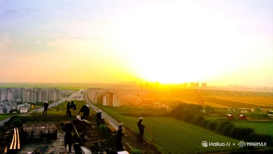 镜头1：晨光开场（全景+中景）

画面：清晨阳光洒向城市/乡村，空镜（街道、工地、农田等）逐渐出现劳动者身影。
字幕：劳动，是一切幸福的源泉。

镜头2：城市劳动者群像（中景+特写）

- 环卫工人：扫帚划过地面，落叶堆成小山（特写手部老茧）。
- 建筑工人：安全帽下汗流浃背，砌砖、搬钢筋的有力动作（中景展现工地全景）。
- 早餐摊主：热气腾腾的早点摊，双手快速分装食物（近景聚焦忙碌的手）。
字幕：每一滴汗水，都在浇灌美好。

镜头3：乡村与科技劳动者（中景+俯拍）

- 农民：弯腰耕种/收割，手掌捧起金黄稻谷（特写谷物滑落）。
- 科研人员：实验室里专注调试设备，数据图表闪烁（俯拍键盘敲击画面）。
字幕：劳动，让土地生长希望，让创新点亮未来。

镜头4：温情互动（近景+特写）

- 教师：在黑板书写，转身时粉笔灰飘落肩头，与学生互动微笑。
- 医护人员：戴手套的手轻握患者，监护仪显示平稳心跳（手部特写+眼神交流）。
字幕：劳动里的温度，是守护与责任。

镜头5：全民劳动场景（全景+跟拍）

画面：志愿者清理社区、学生植树、年轻人职场协作……人群涌动，笑容洋溢。
旁白/字幕：从晨光到暮色，每一份劳动都值得被致敬！
结尾画面：劳动者们面向镜头微笑，叠加“劳动最光荣”大字+红旗/向日葵元素。
音效：轻快的背景音乐渐强，收尾用掌声或鸟鸣声烘托氛围。

时长：约1-2分钟，可根据需求增减职业场景，镜头切换节奏明快，突出力量感与温暖感。[左移,推进,右摇] by Hailuo AI Video Generator