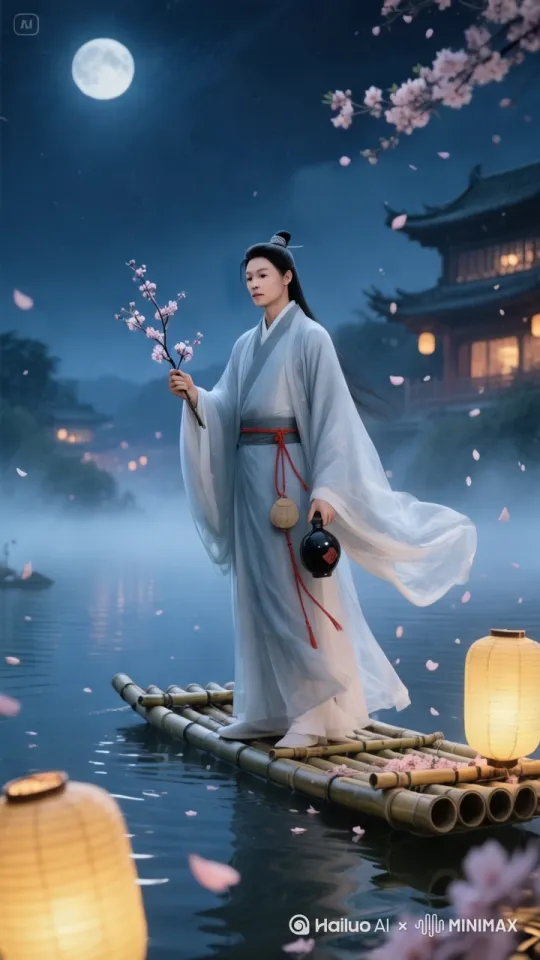 主题描述：古风侠客酒剑仙站立在竹筏上，手持青玉酒壶和玄铁长剑，腰间系着红绳荷包，背景是夜色中的江湖水面和残月，远处有灯火阑珊的古代楼阁。美学词：水墨渲染风格，64K超清画质，细腻的笔触勾勒衣袍褶皱，朦胧雾气营造仙侠意境，月光在水面形成粼粼波光。专业词：动态模糊处理竹筏行进轨迹，粒子特效呈现飘落的桃花瓣，景深[推进][左移,右摇,跟随][左移,上升] by Hailuo AI Video Generator