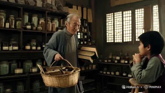 背景是古代的药房，一个老者背着竹筐拿着医药书籍，正在给一个孩童讲解，孩童似懂非懂的双手托着下巴坐在小凳子上 by Hailuo AI Video Generator
