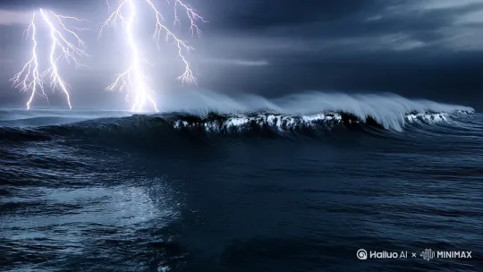 波涛汹涌，闪电闪烁 一群飞碟纵队旋转出海面 by Hailuo AI Video Generator