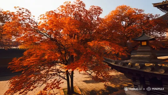**4. 季节组 - 枫亭入定**
[中焦平移长镜头] 深秋古刹庭院全景，银杏与枫树以2:3比例构图，落叶以抛物线轨迹0.75倍速飘落，石灯笼表面光影随时间推移缓慢移动，远处僧袍衣角在廊下规律摆动，画面色彩采用橙褐渐变体系，关键帧设置色温从4500K到3200K渐变 by Hailuo AI Video Generator
