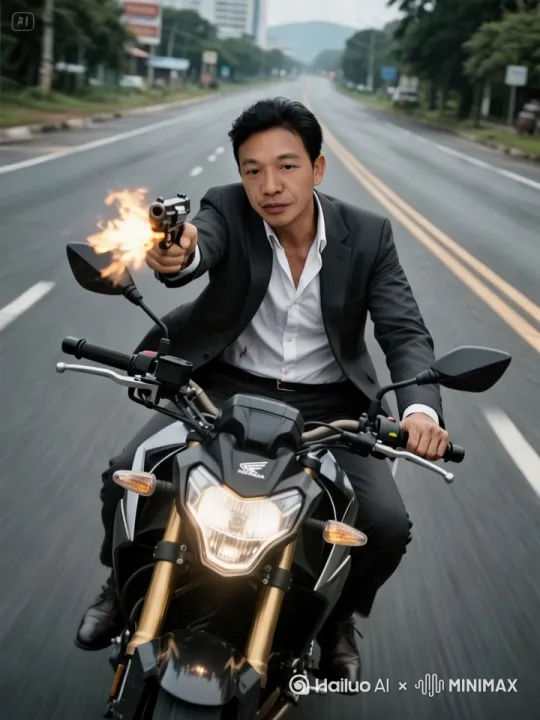 人物骑着Honda CB250R ，西装革履，白衣衬衫领口微敞，黑浓短发，四十多岁年纪，浑身是伤，衣服上血迹斑斑，霸气十足，在pan borneo 双城大道向着镜头方向飞驰，后面形成动态模糊的画面，摩托车亮着车灯，不断的躲闪前面射来的子弹，右手向前方开枪，枪管的火焰断断续续，金属质感，电影风格，大师镜头，超高清8K，细节完美。 by Hailuo AI Video Generator